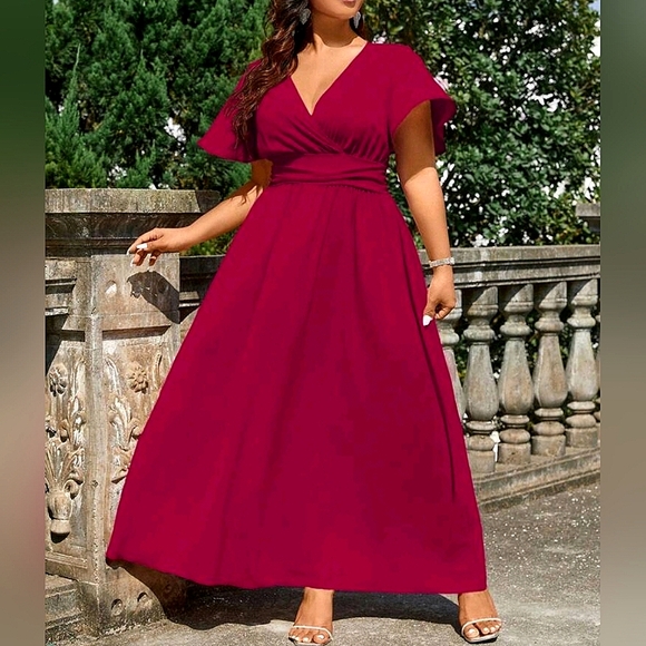 NEW Chic Ruched Waist Flutter Sleeve Maxi Dress Burgundy Red - Picture 1 of 9